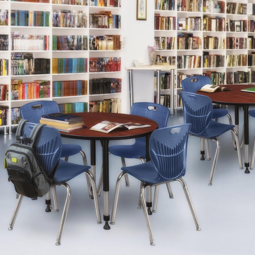 Kee 36" Round Height Adjustable Classroom Table - Cherry & 4 Andy 18-in Stack Chairs- Navy Blue. Picture 6