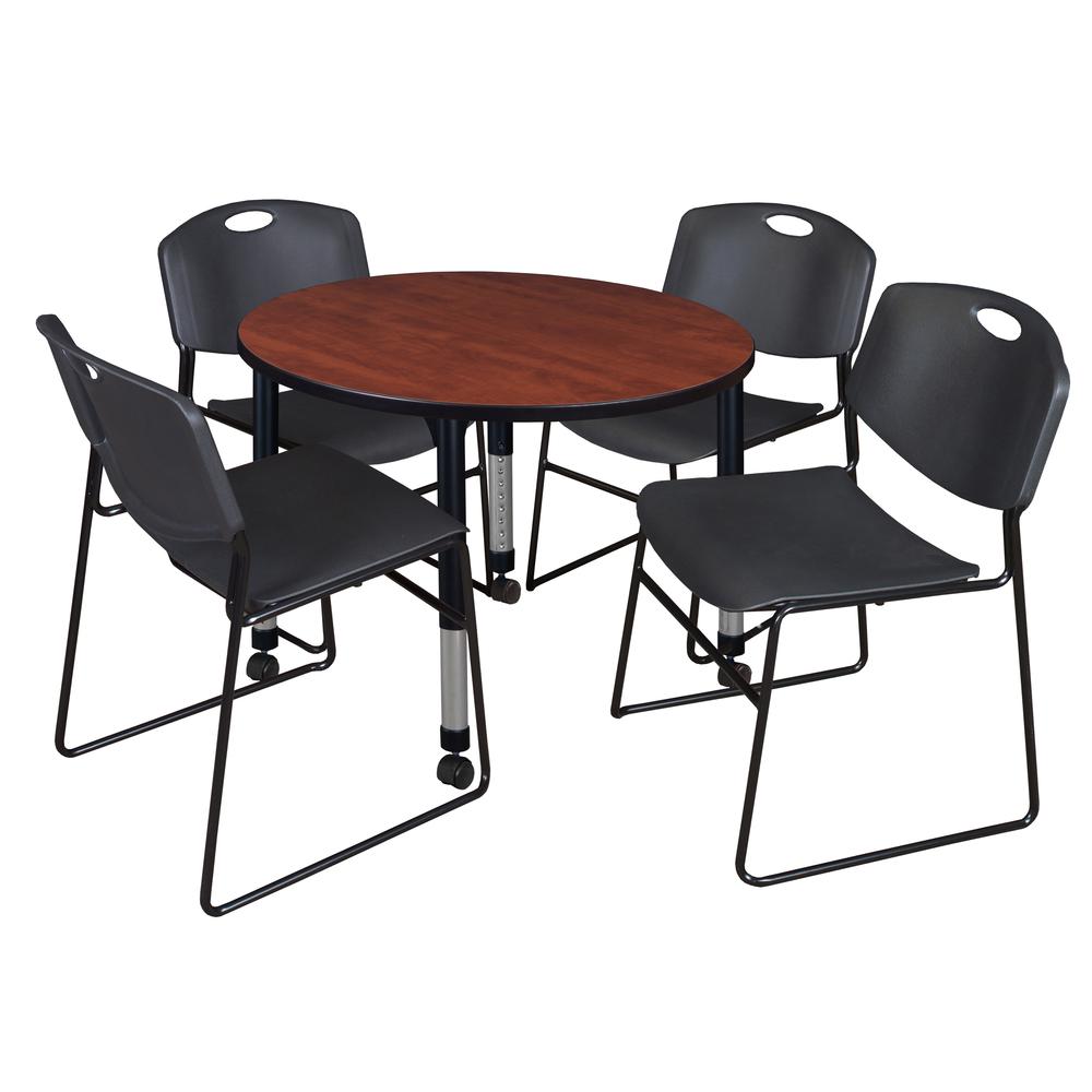 Kee 36" Round Height Adjustable  Mobile Classroom Table - Cherry & 4 Zeng Stack Chairs- Black. Picture 1