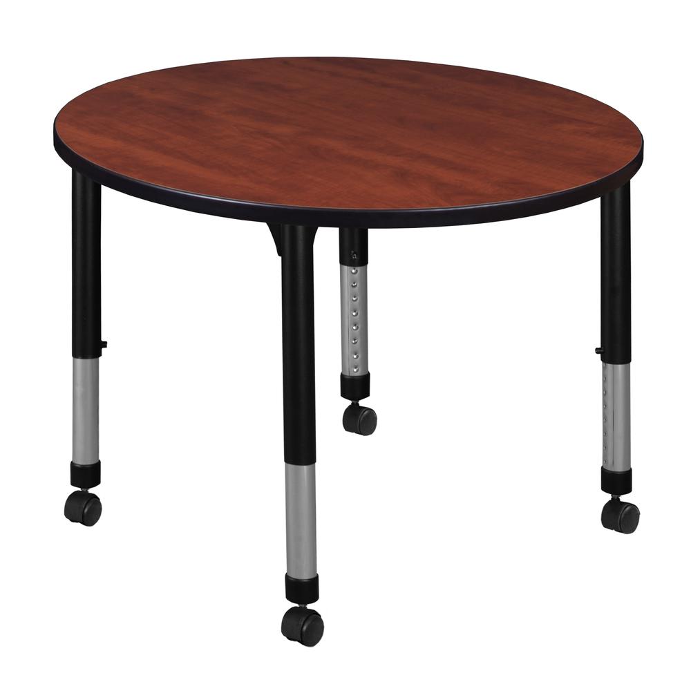 Kee 36" Round Height Adjustable  Mobile Classroom Table - Cherry. Picture 1