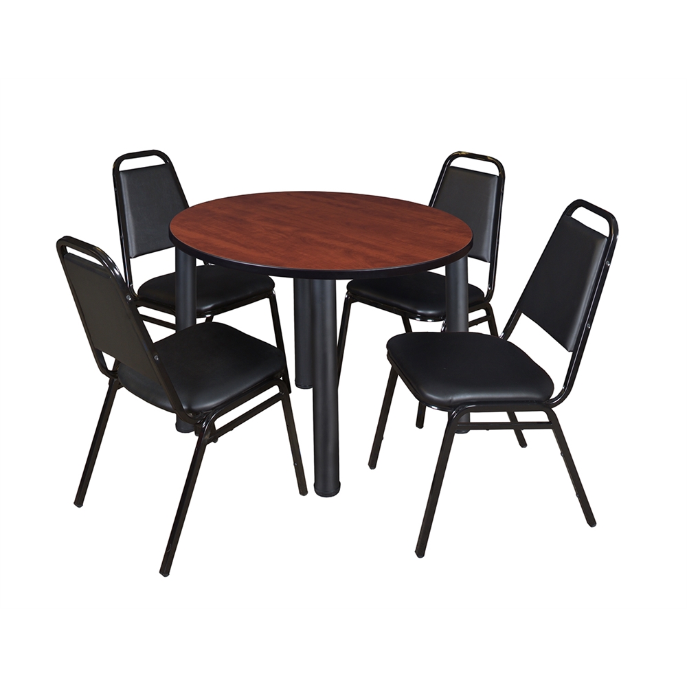 Kee 36" Round Breakroom Table- Cherry/ Black & 4 Restaurant Stack Chairs- Black. Picture 1