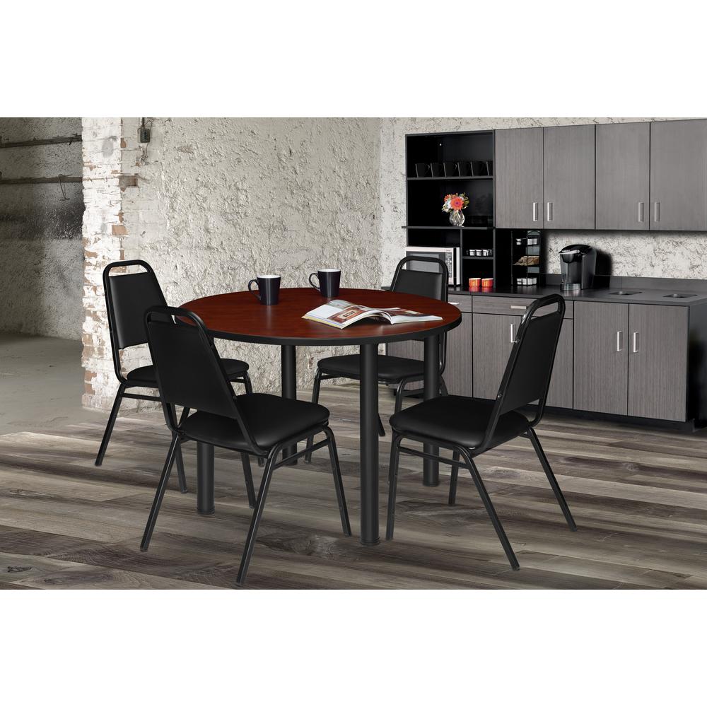 Kee 36" Round Breakroom Table- Cherry/ Black & 4 Restaurant Stack Chairs- Black. Picture 2