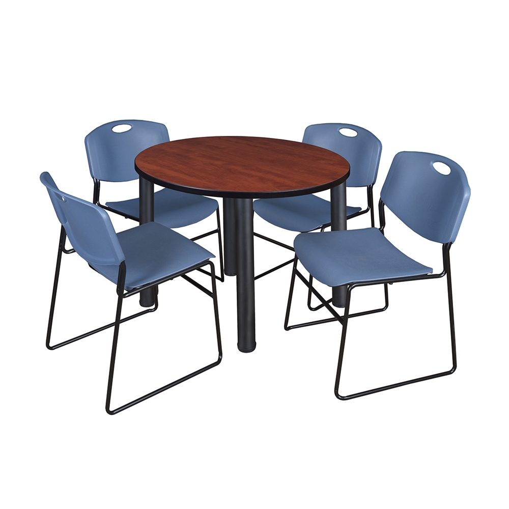 Kee 36" Round Breakroom Table- Cherry/ Black & 4 Zeng Stack Chairs- Blue. Picture 1