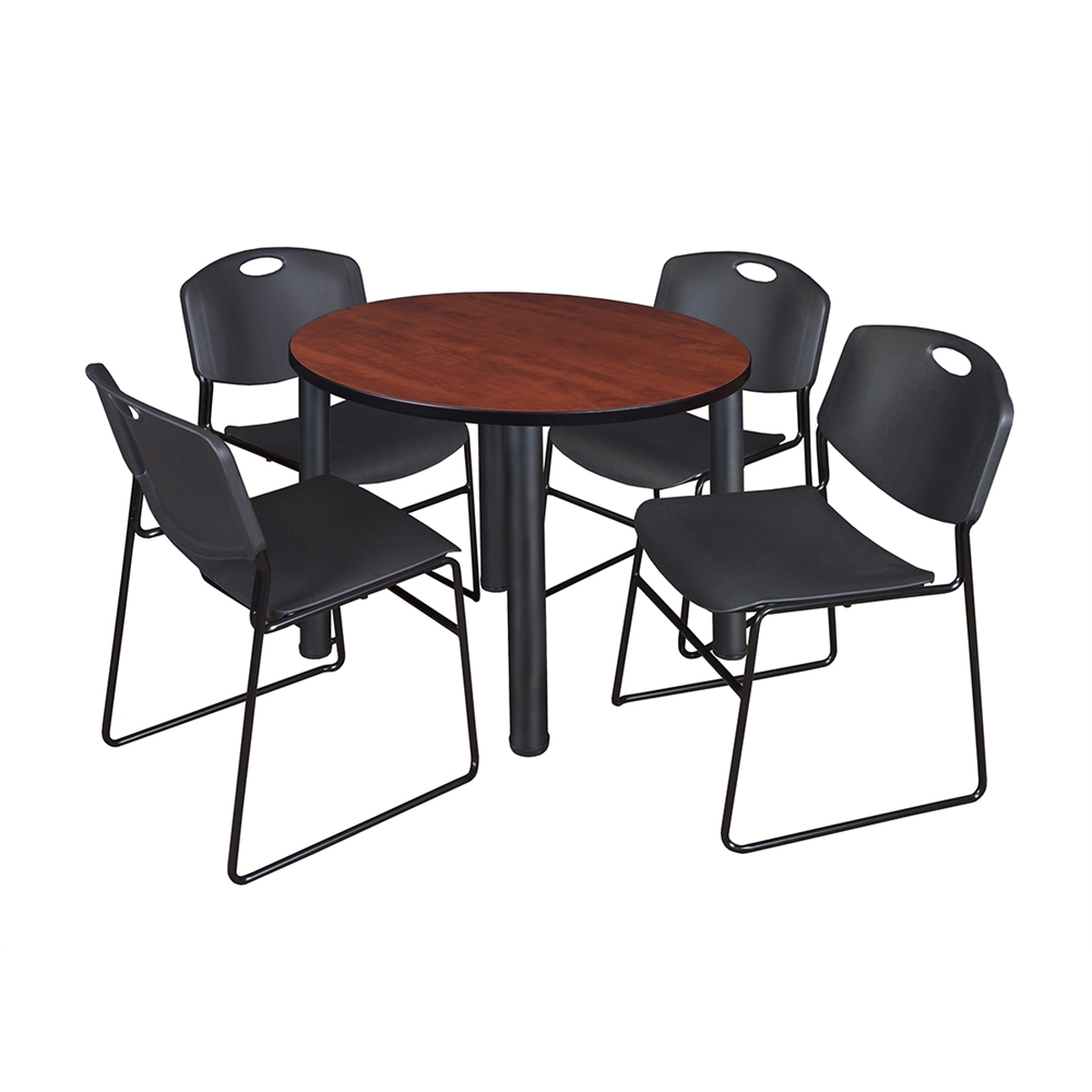 Kee 36" Round Breakroom Table- Cherry/ Black & 4 Zeng Stack Chairs- Black. Picture 1