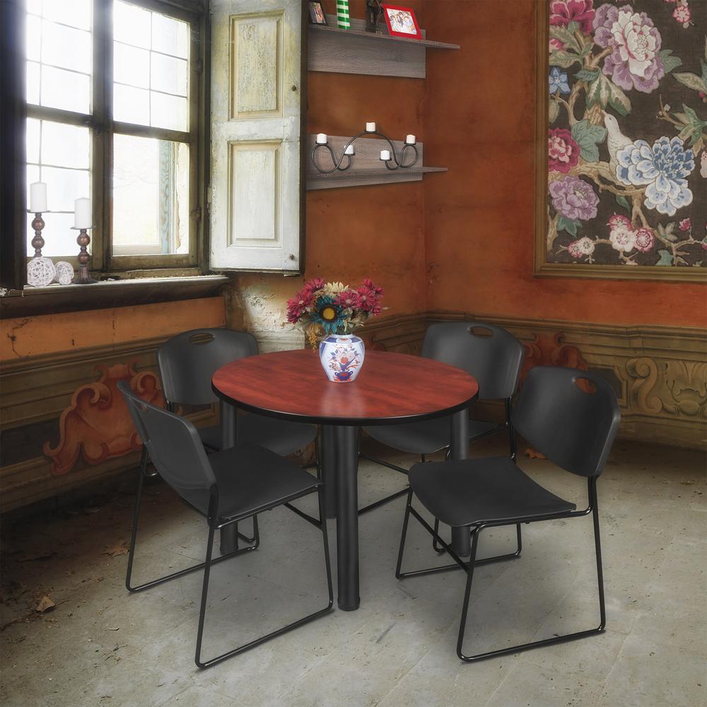 Kee 36" Round Breakroom Table- Cherry/ Black & 4 Zeng Stack Chairs- Black. Picture 2