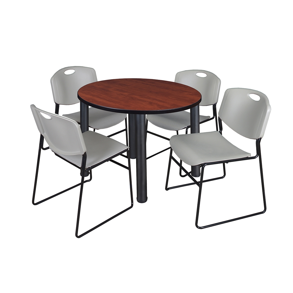 Kee 36" Round Breakroom Table- Cherry/ Black & 4 Zeng Stack Chairs- Grey. Picture 1