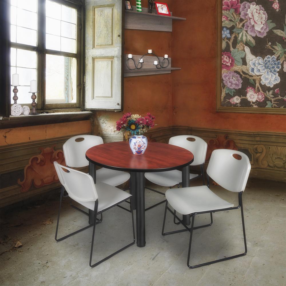 Kee 36" Round Breakroom Table- Cherry/ Black & 4 Zeng Stack Chairs- Grey. Picture 2