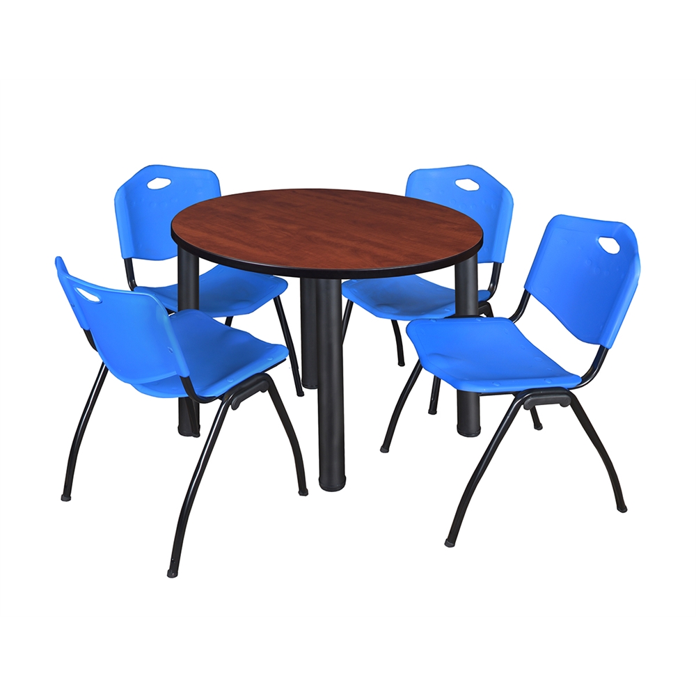 Kee 36" Round Breakroom Table- Cherry/ Black & 4 'M' Stack Chairs- Blue. Picture 1