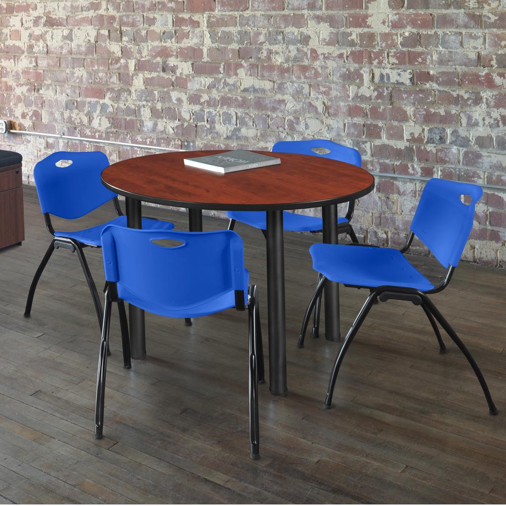 Kee 36" Round Breakroom Table- Cherry/ Black & 4 'M' Stack Chairs- Blue. Picture 2