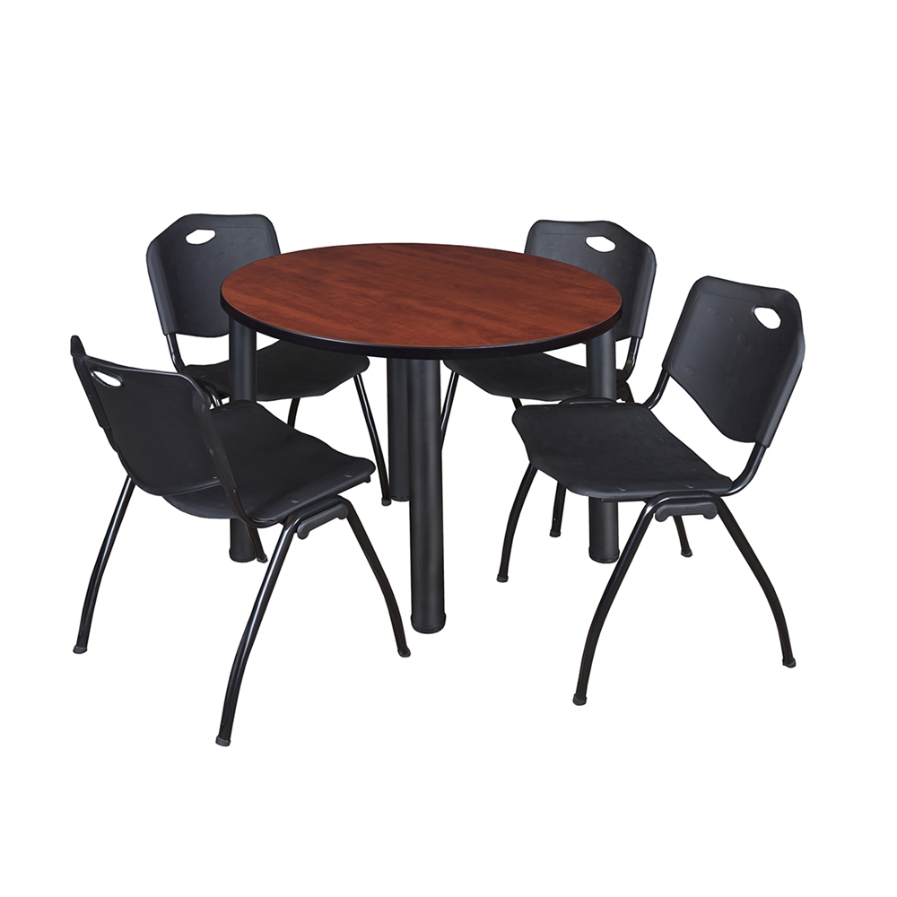 Kee 36" Round Breakroom Table- Cherry/ Black & 4 'M' Stack Chairs- Black. Picture 1