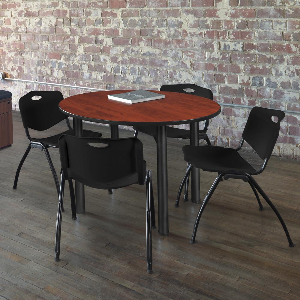 Kee 36" Round Breakroom Table- Cherry/ Black & 4 'M' Stack Chairs- Black. Picture 2