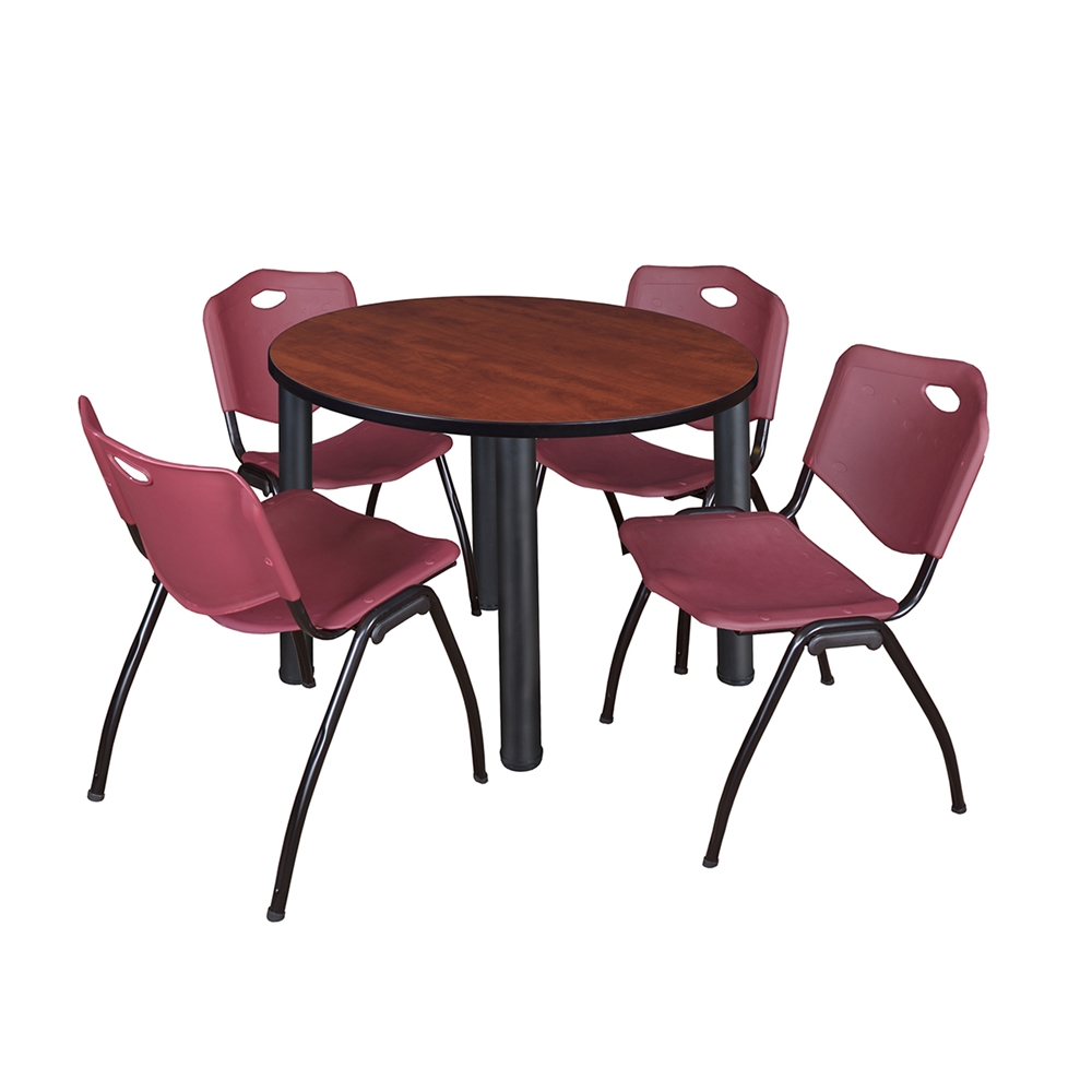 Kee 36" Round Breakroom Table- Cherry/ Black & 4 'M' Stack Chairs- Burgundy. Picture 1