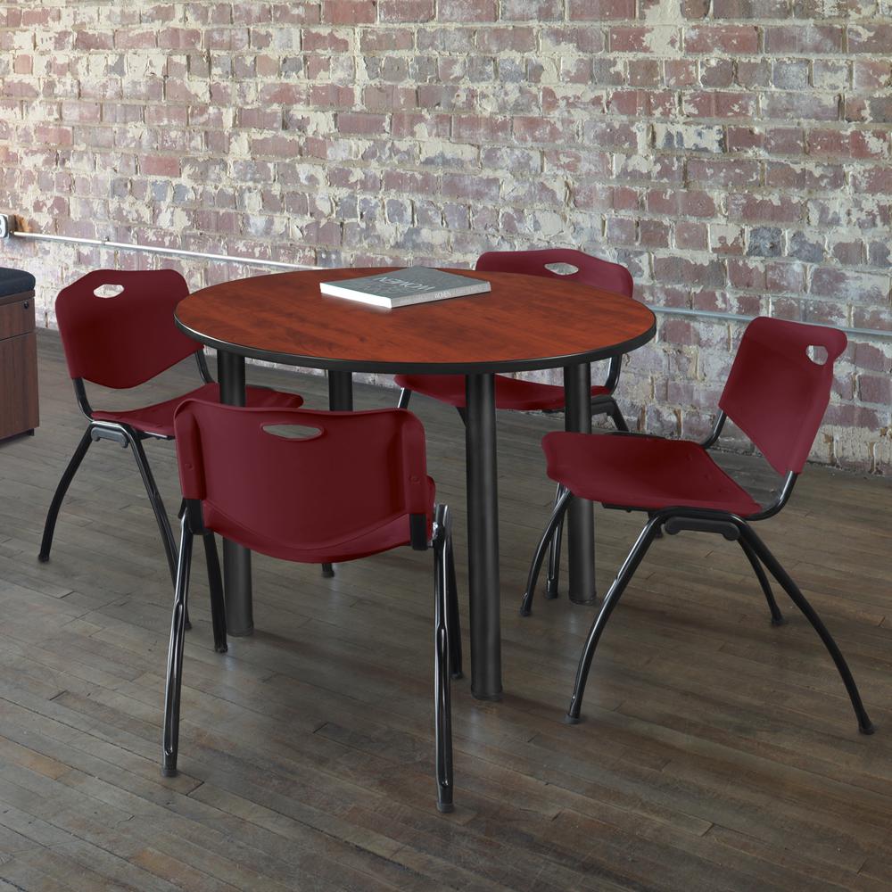 Kee 36" Round Breakroom Table- Cherry/ Black & 4 'M' Stack Chairs- Burgundy. Picture 2