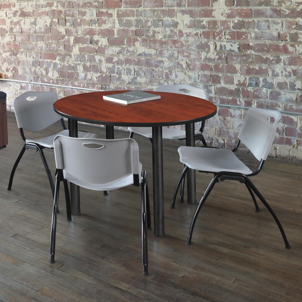 Kee 36" Round Breakroom Table- Cherry/ Black & 4 'M' Stack Chairs- Grey. Picture 2