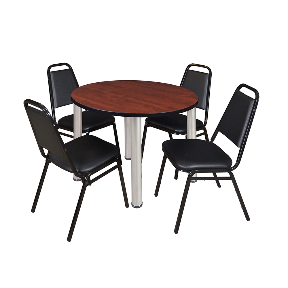 Kee 36" Round Breakroom Table- Cherry/ Chrome & 4 Restaurant Stack Chairs- Black. Picture 1