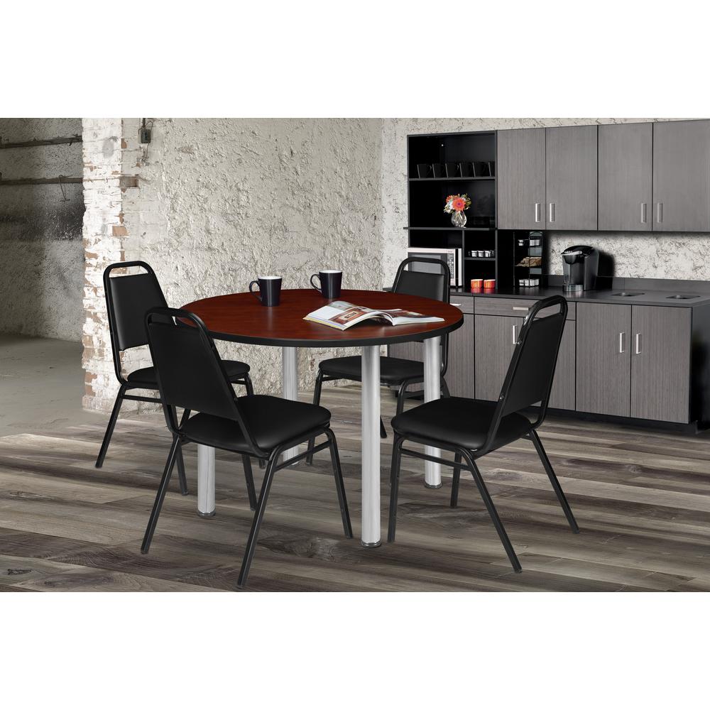 Kee 36" Round Breakroom Table- Cherry/ Chrome & 4 Restaurant Stack Chairs- Black. Picture 2