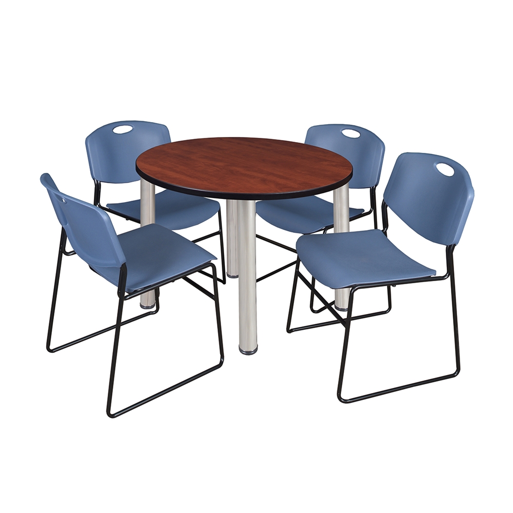 Kee 36" Round Breakroom Table- Cherry/ Chrome & 4 Zeng Stack Chairs- Blue. Picture 1