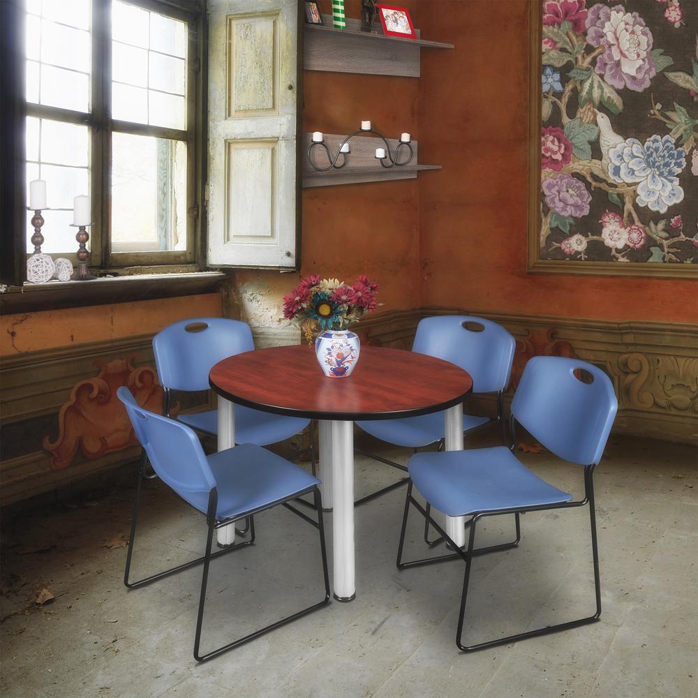 Kee 36" Round Breakroom Table- Cherry/ Chrome & 4 Zeng Stack Chairs- Blue. Picture 2