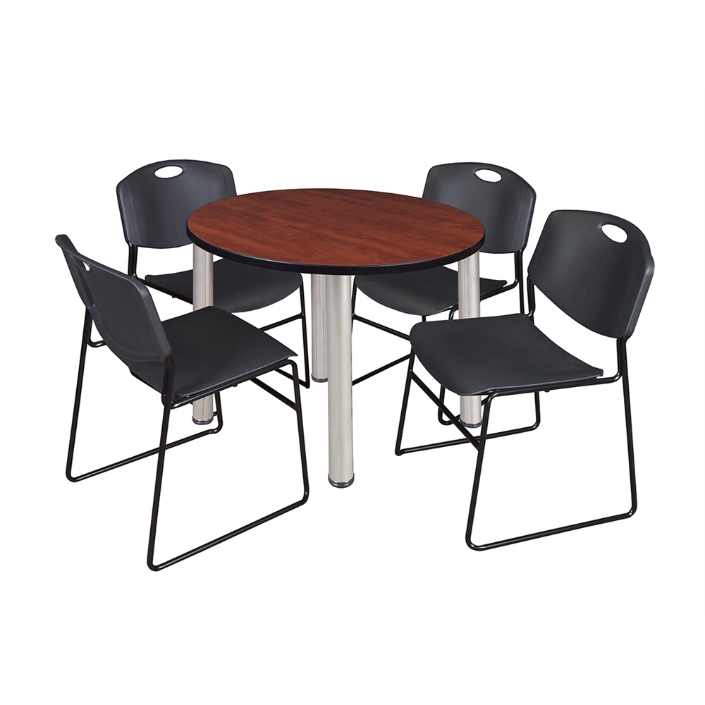 Kee 36" Round Breakroom Table- Cherry/ Chrome & 4 Zeng Stack Chairs- Black. Picture 1