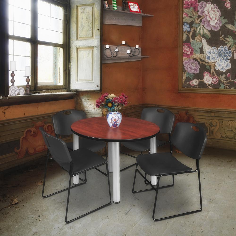 Kee 36" Round Breakroom Table- Cherry/ Chrome & 4 Zeng Stack Chairs- Black. Picture 2