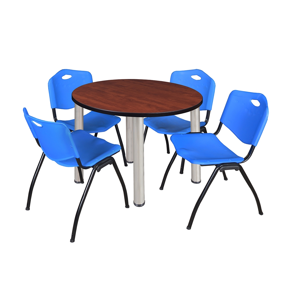 Kee 36" Round Breakroom Table- Cherry/ Chrome & 4 'M' Stack Chairs- Blue. Picture 1