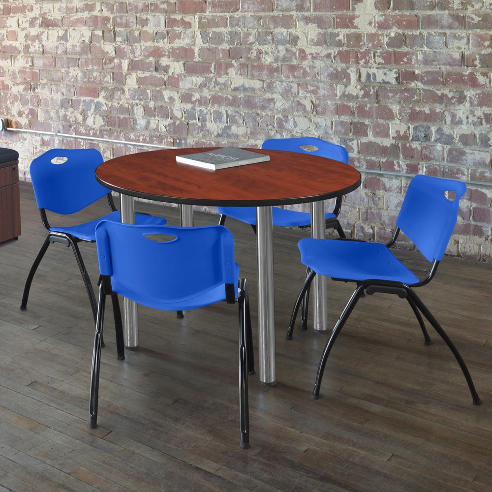 Kee 36" Round Breakroom Table- Cherry/ Chrome & 4 'M' Stack Chairs- Blue. Picture 2