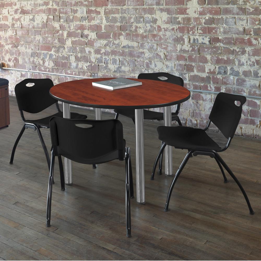 Kee 36" Round Breakroom Table- Cherry/ Chrome & 4 'M' Stack Chairs- Black. Picture 2
