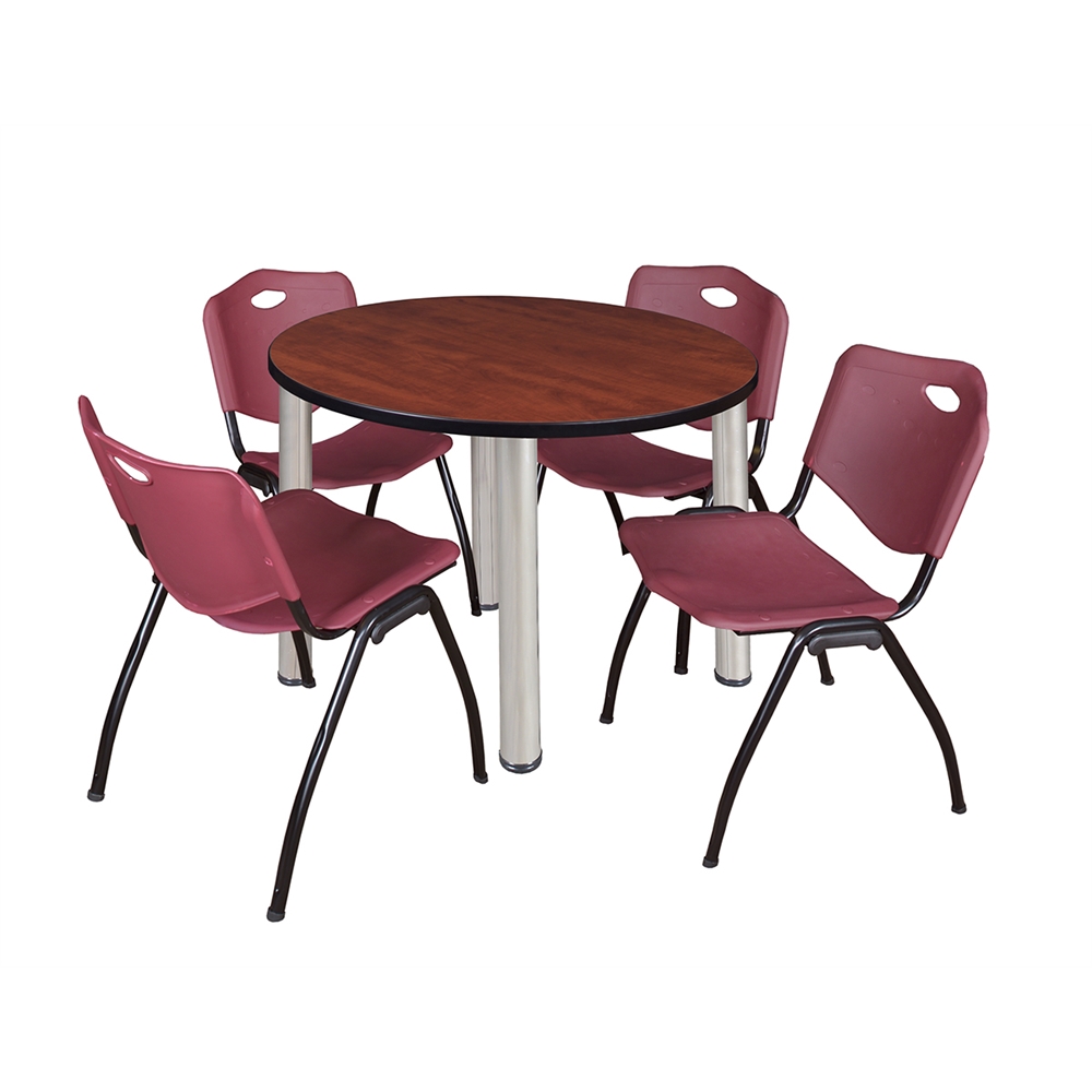 Kee 36" Round Breakroom Table- Cherry/ Chrome & 4 'M' Stack Chairs- Burgundy. Picture 1