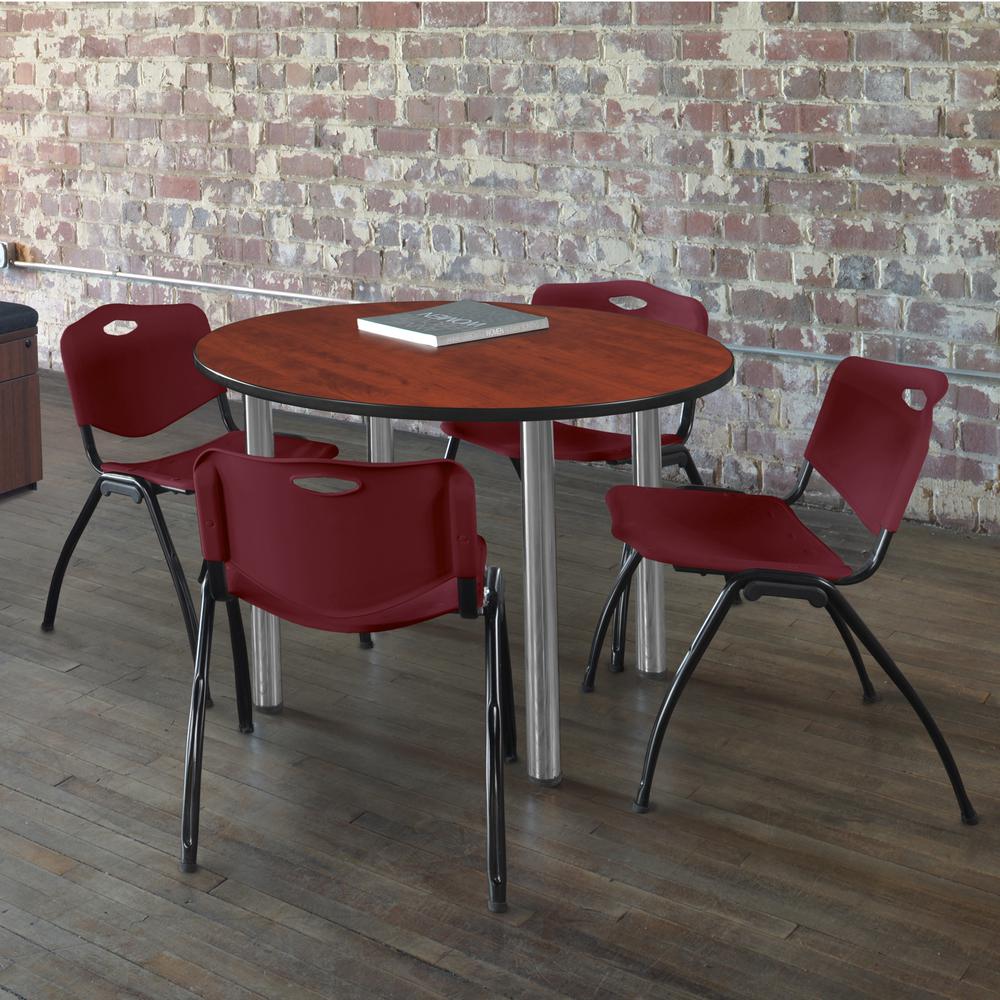 Kee 36" Round Breakroom Table- Cherry/ Chrome & 4 'M' Stack Chairs- Burgundy. Picture 2