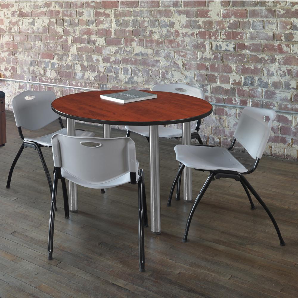 Kee 36" Round Breakroom Table- Cherry/ Chrome & 4 'M' Stack Chairs- Grey. Picture 2