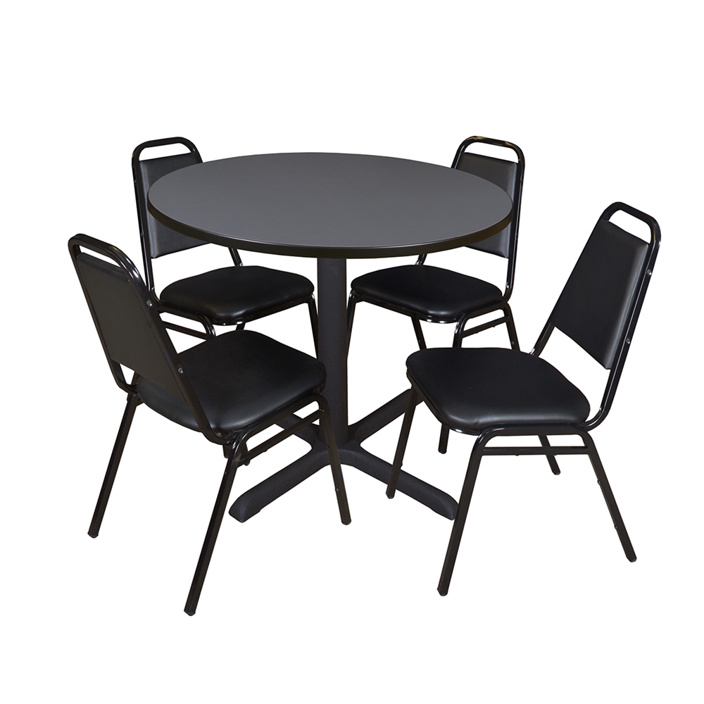 Cain 36" Round Breakroom Table- Grey & 4 Restaurant Stack Chairs- Black. Picture 1