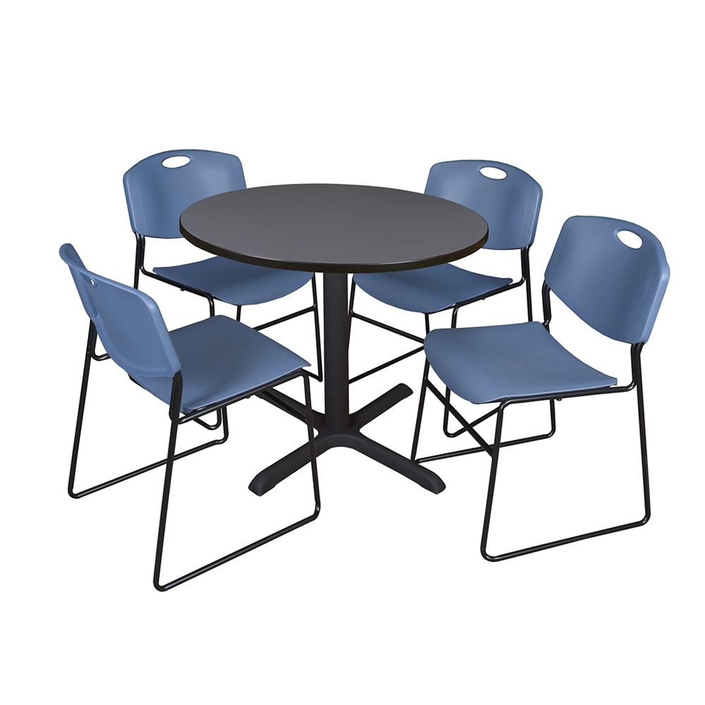 Cain 36" Round Breakroom Table- Grey & 4 Zeng Stack Chairs- Blue. Picture 1