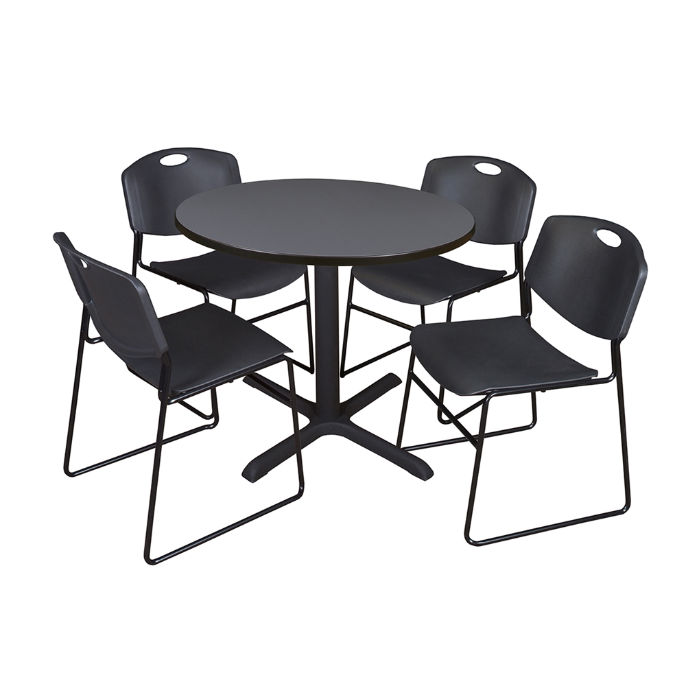 Cain 36" Round Breakroom Table- Grey & 4 Zeng Stack Chairs- Black. Picture 1