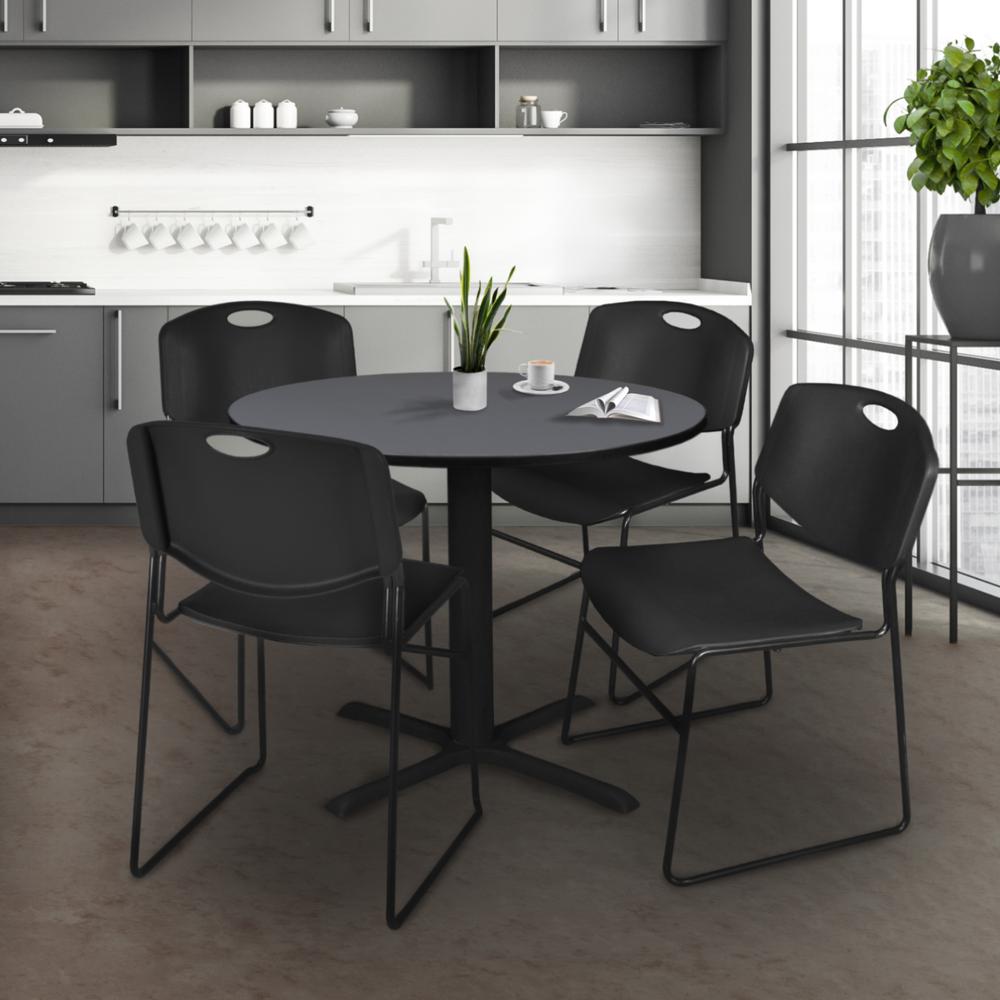 Cain 36" Round Breakroom Table- Grey & 4 Zeng Stack Chairs- Black. Picture 2