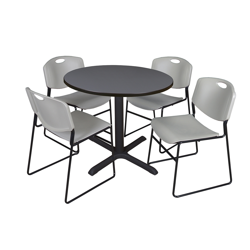 Cain 36" Round Breakroom Table- Grey & 4 Zeng Stack Chairs- Grey. Picture 1