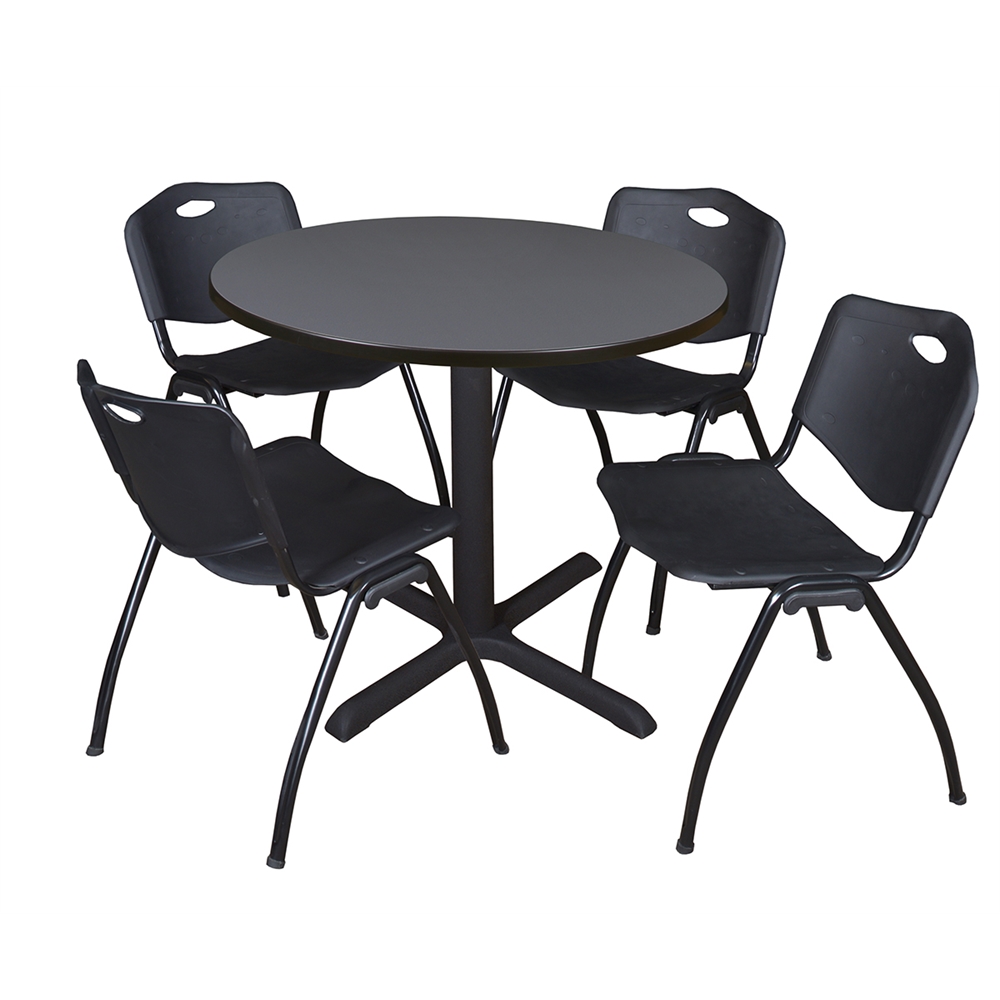 Cain 36" Round Breakroom Table- Grey & 4 'M' Stack Chairs- Black. Picture 1