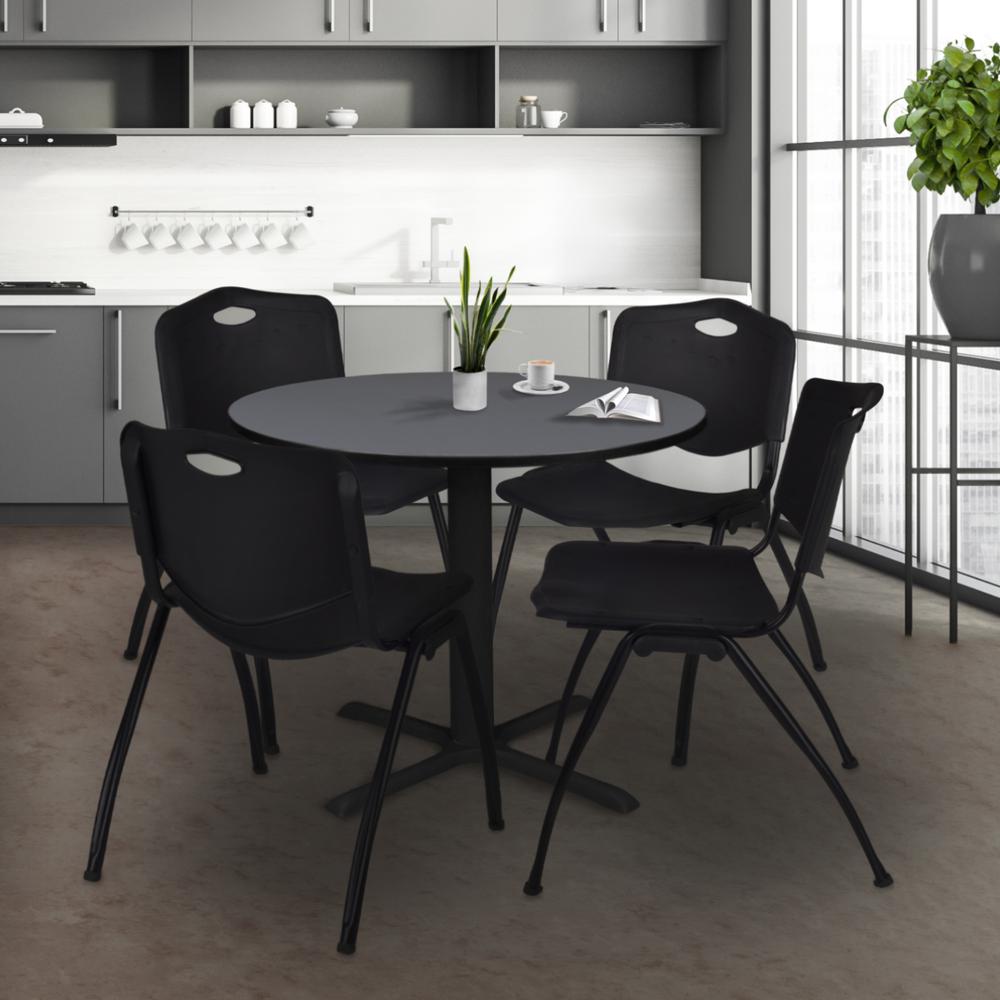 Cain 36" Round Breakroom Table- Grey & 4 'M' Stack Chairs- Black. Picture 2
