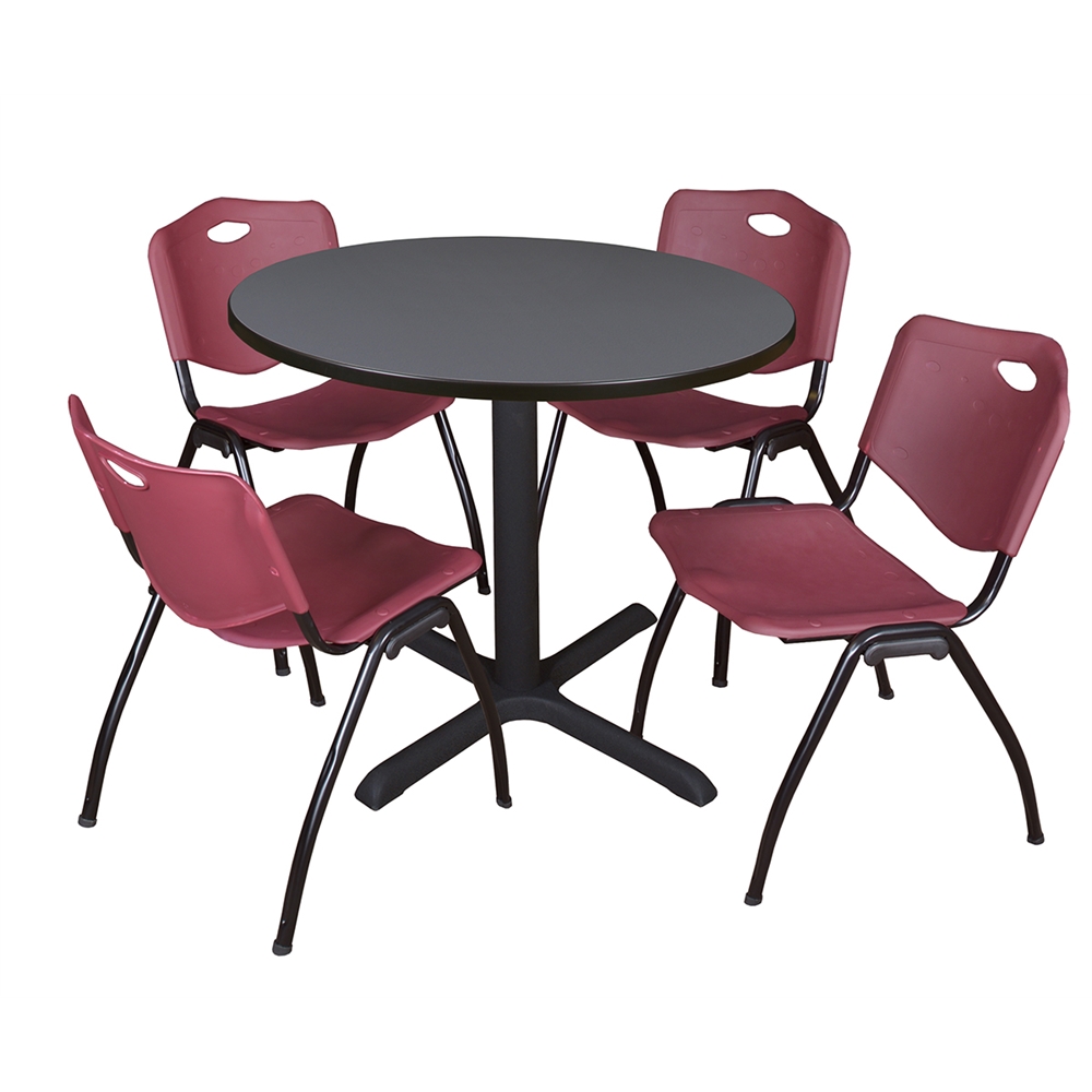 Cain 36" Round Breakroom Table- Grey & 4 'M' Stack Chairs- Burgundy. Picture 1