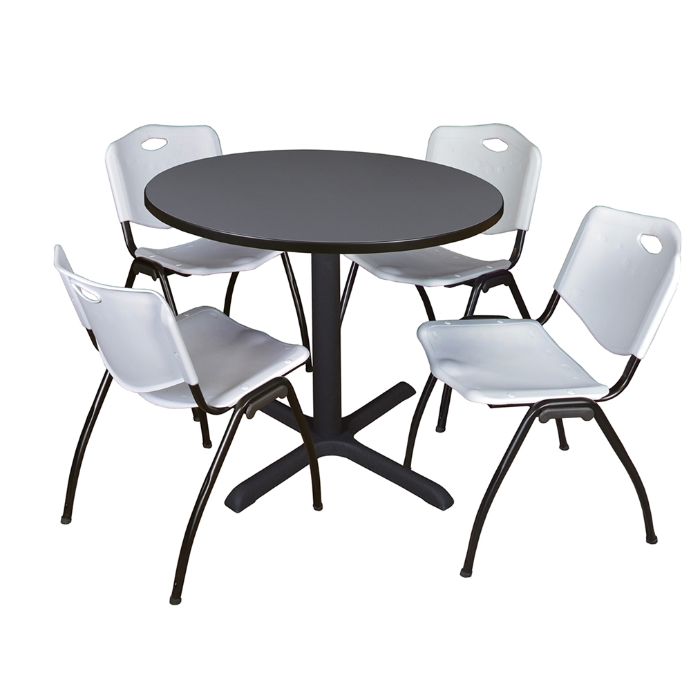 Cain 36" Round Breakroom Table- Grey & 4 'M' Stack Chairs- Grey. Picture 1