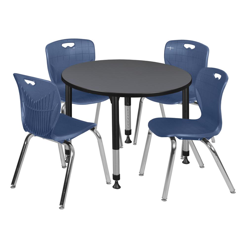 Kee 36" Round Height Adjustable Classroom Table - Grey & 4 Andy 18-in Stack Chairs- Navy Blue. Picture 1
