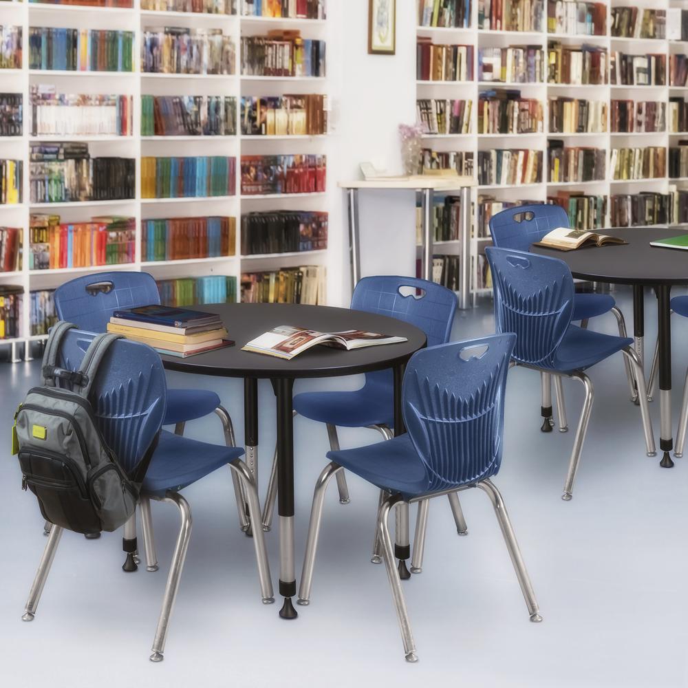 Kee 36" Round Height Adjustable Classroom Table - Grey & 4 Andy 18-in Stack Chairs- Navy Blue. Picture 6