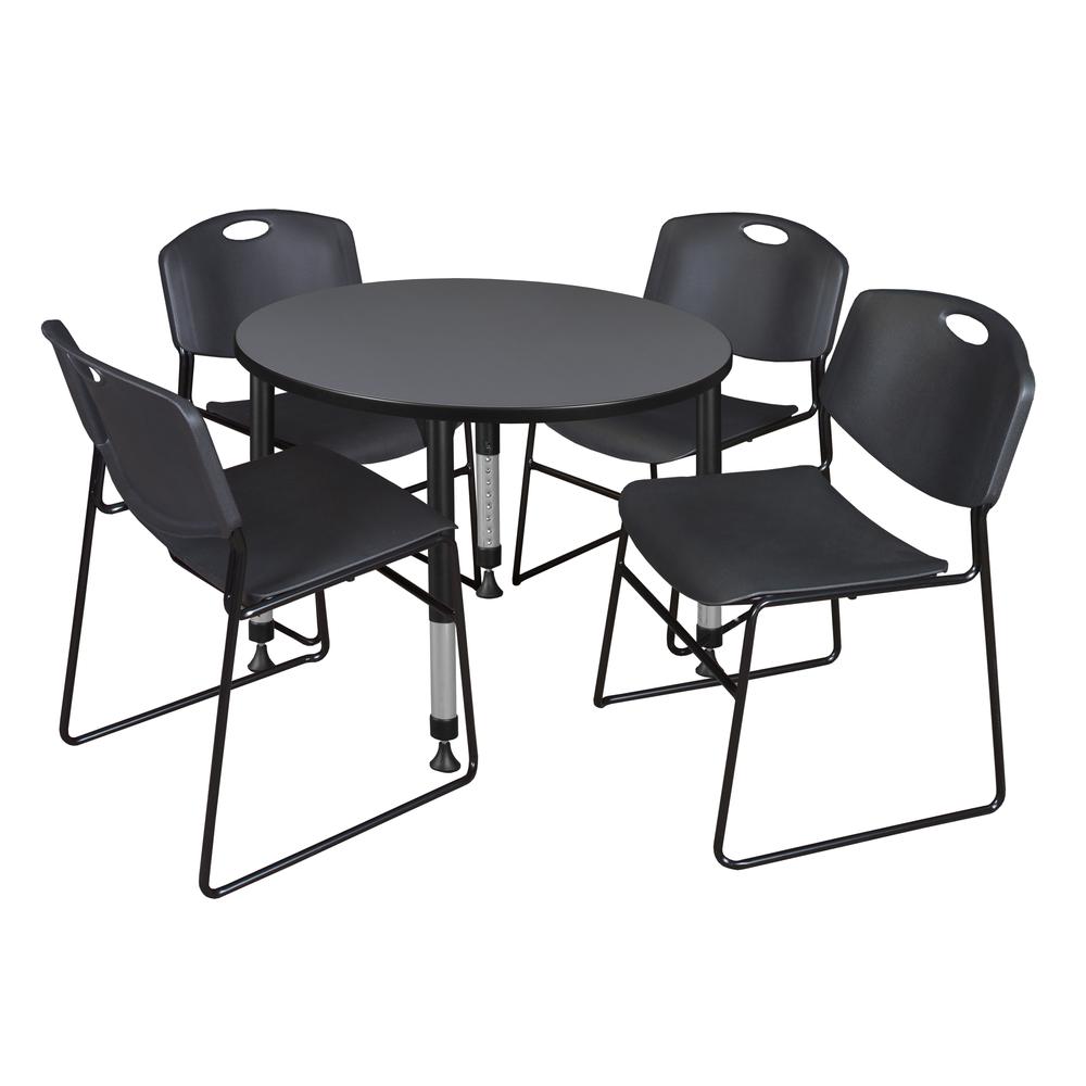 Kee 36" Round Height Adjustable Classroom Table - Grey & 4 Zeng Stack Chairs- Black. Picture 1