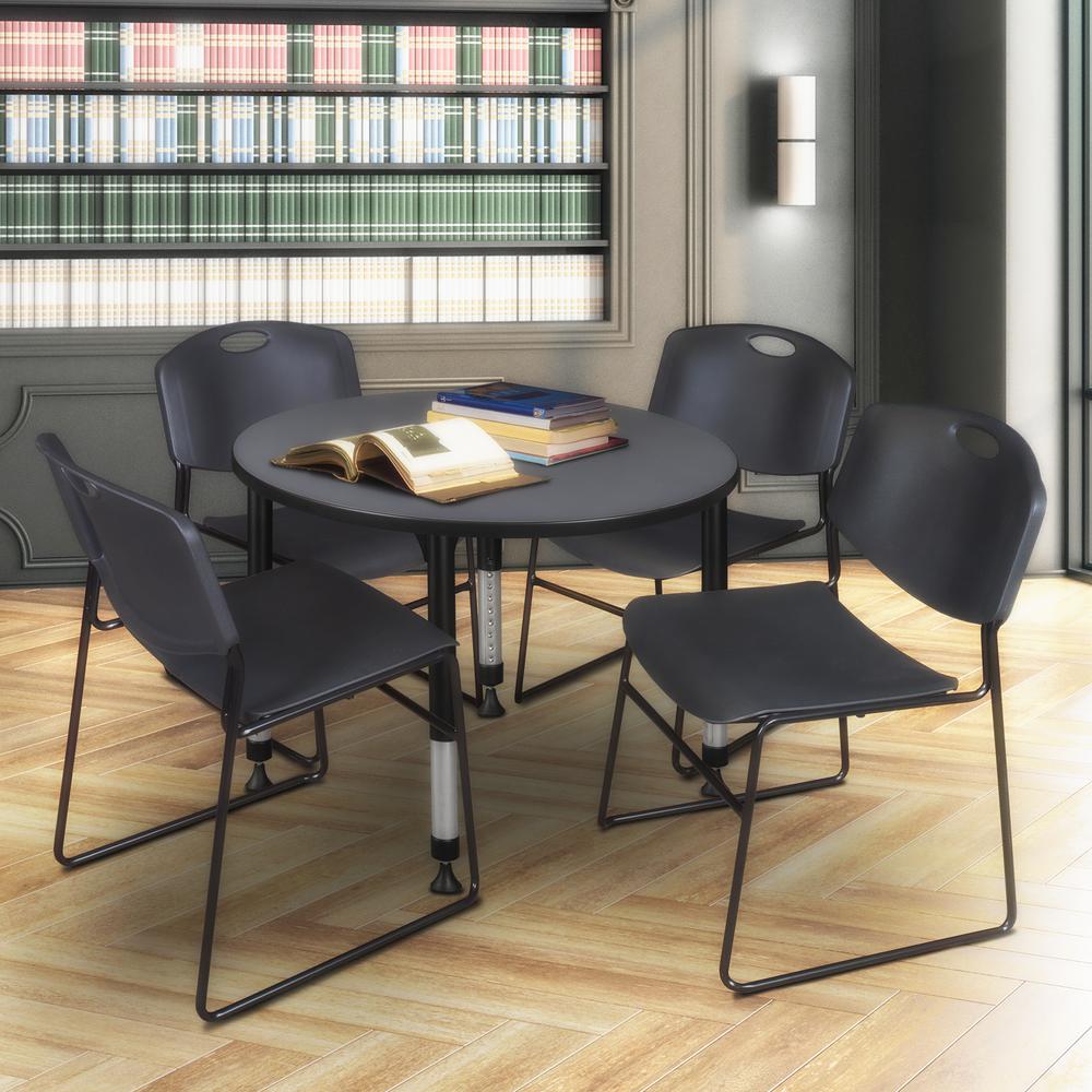 Kee 36" Round Height Adjustable Classroom Table - Grey & 4 Zeng Stack Chairs- Black. Picture 6