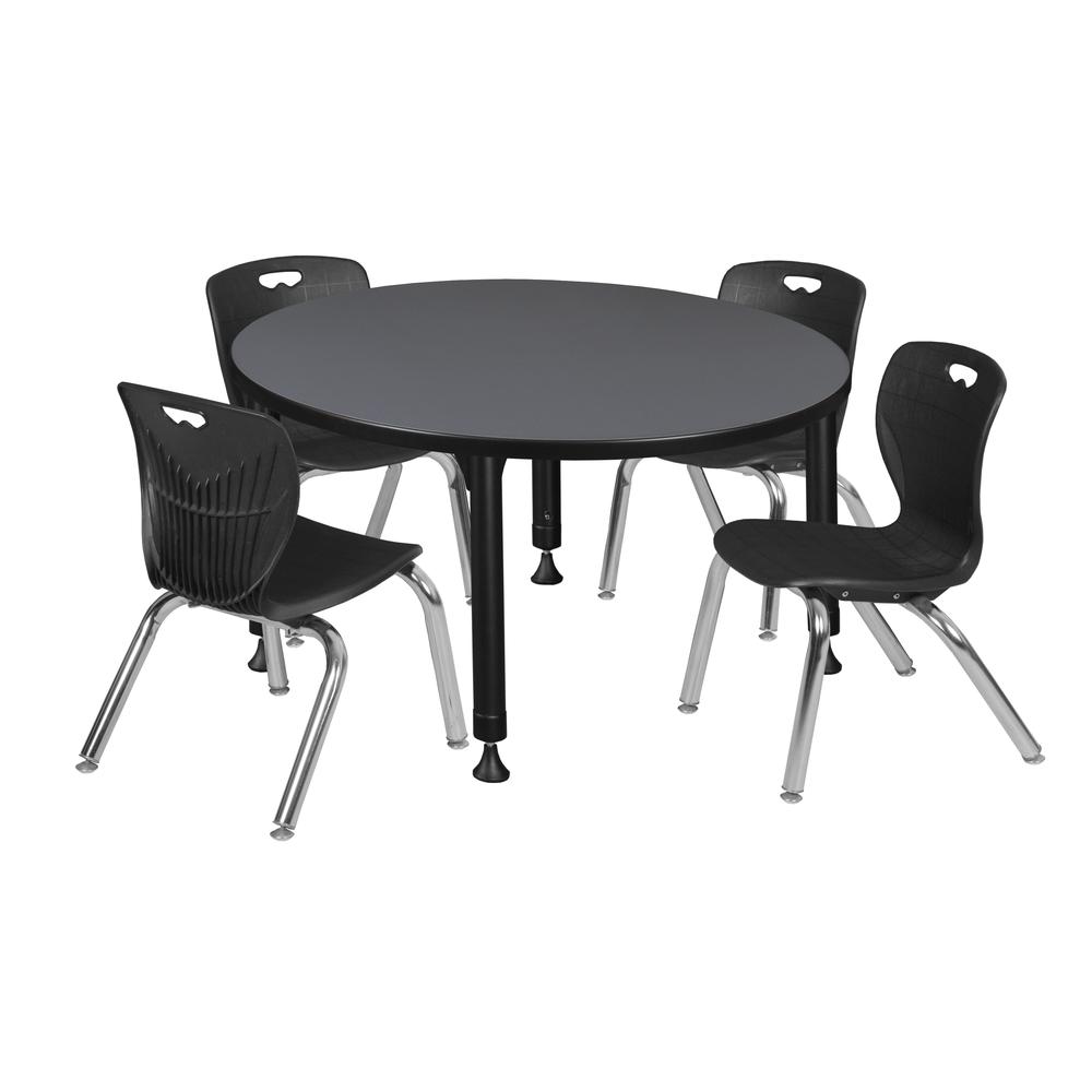 Kee 36" Round Height Adjustable Classroom Table - Grey & 4 Andy 12-in Stack Chairs- Black. Picture 1