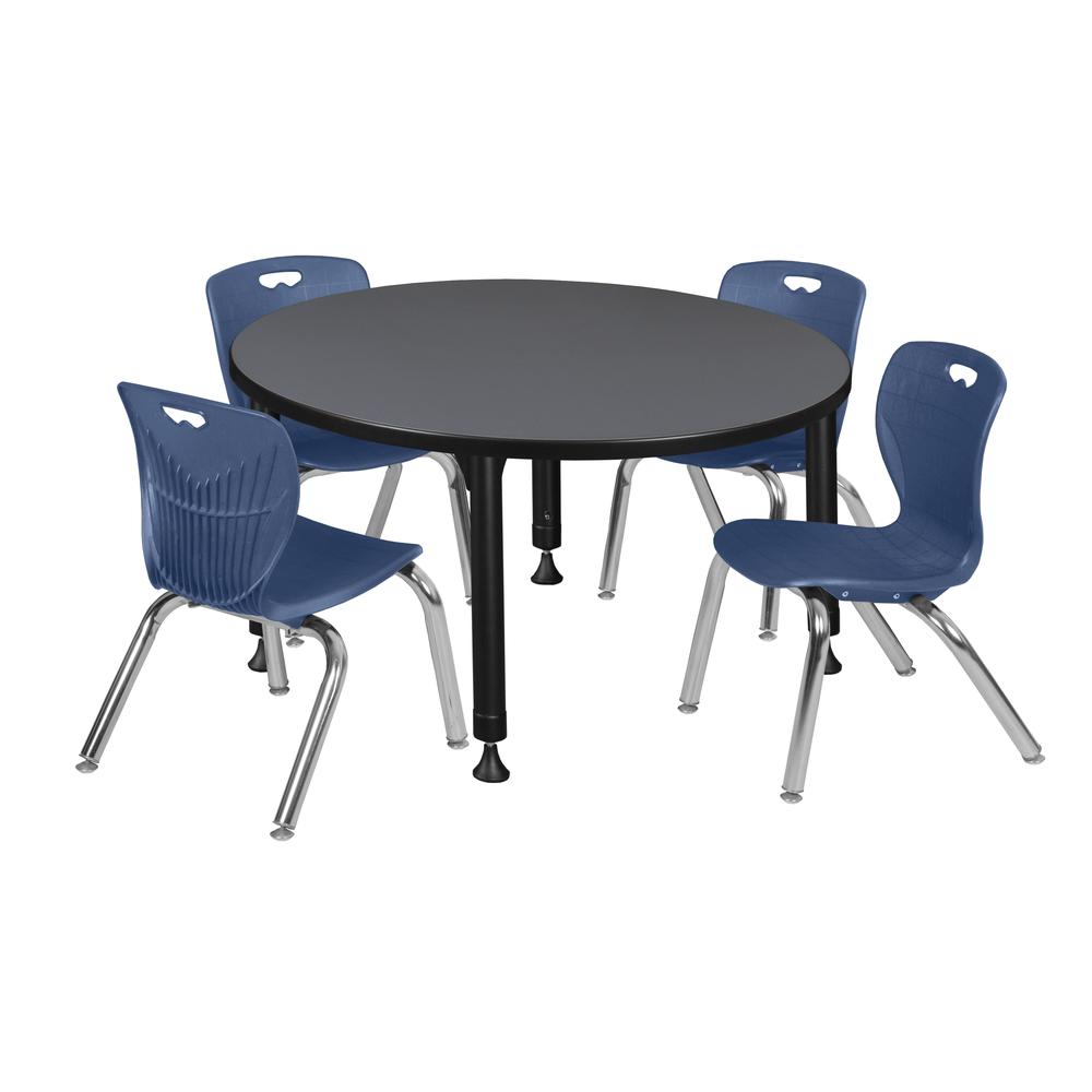 Kee 36" Round Height Adjustable Classroom Table - Grey & 4 Andy 12-in Stack Chairs- Navy Blue. Picture 1