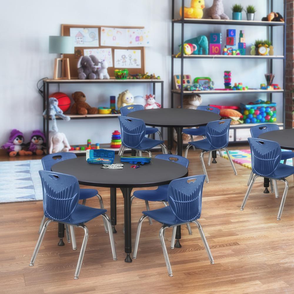 Kee 36" Round Height Adjustable Classroom Table - Grey & 4 Andy 12-in Stack Chairs- Navy Blue. Picture 6