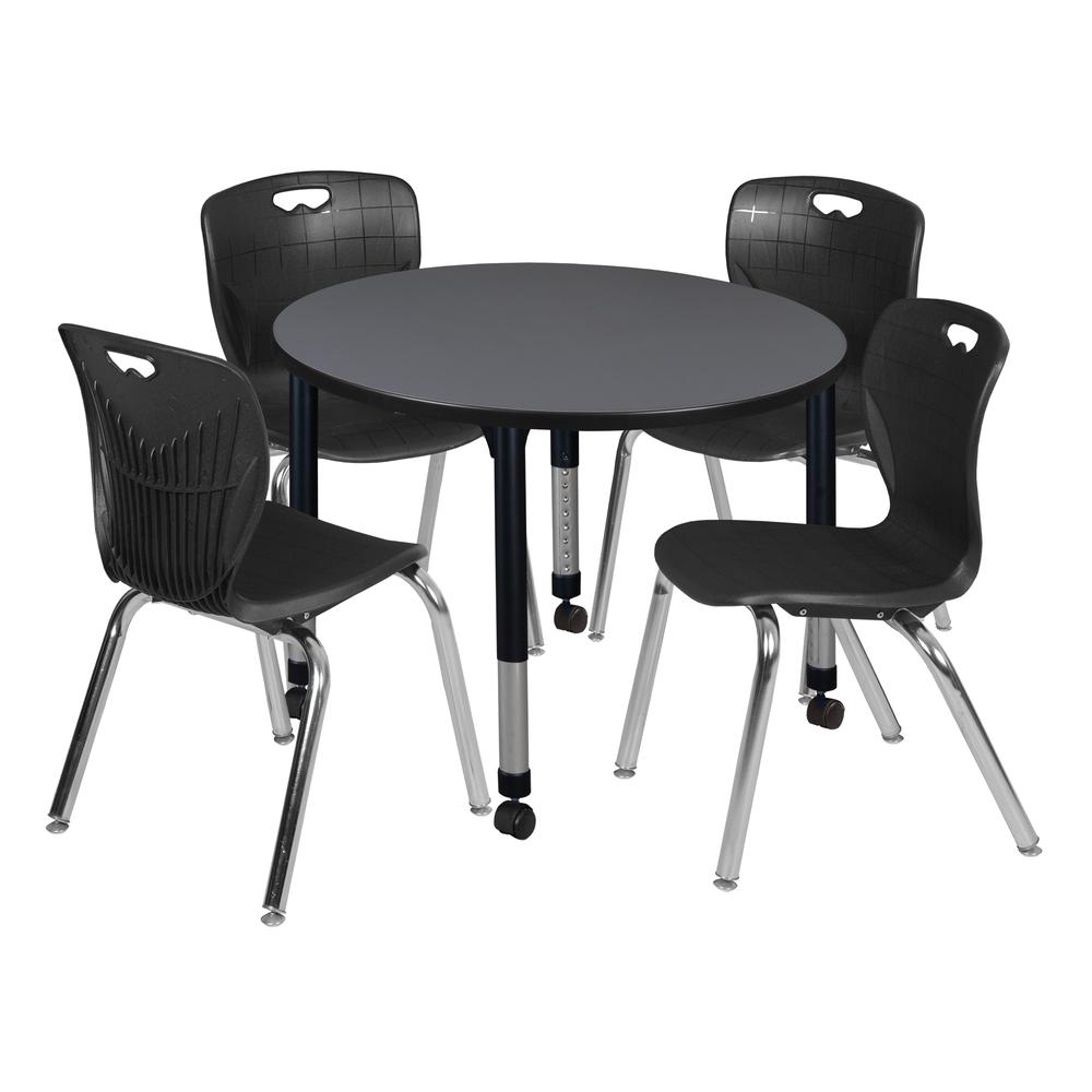 Kee 36" Round Height Adjustable Classroom Table - Grey & 4 Andy 18-in Stack Chairs- Black. Picture 1