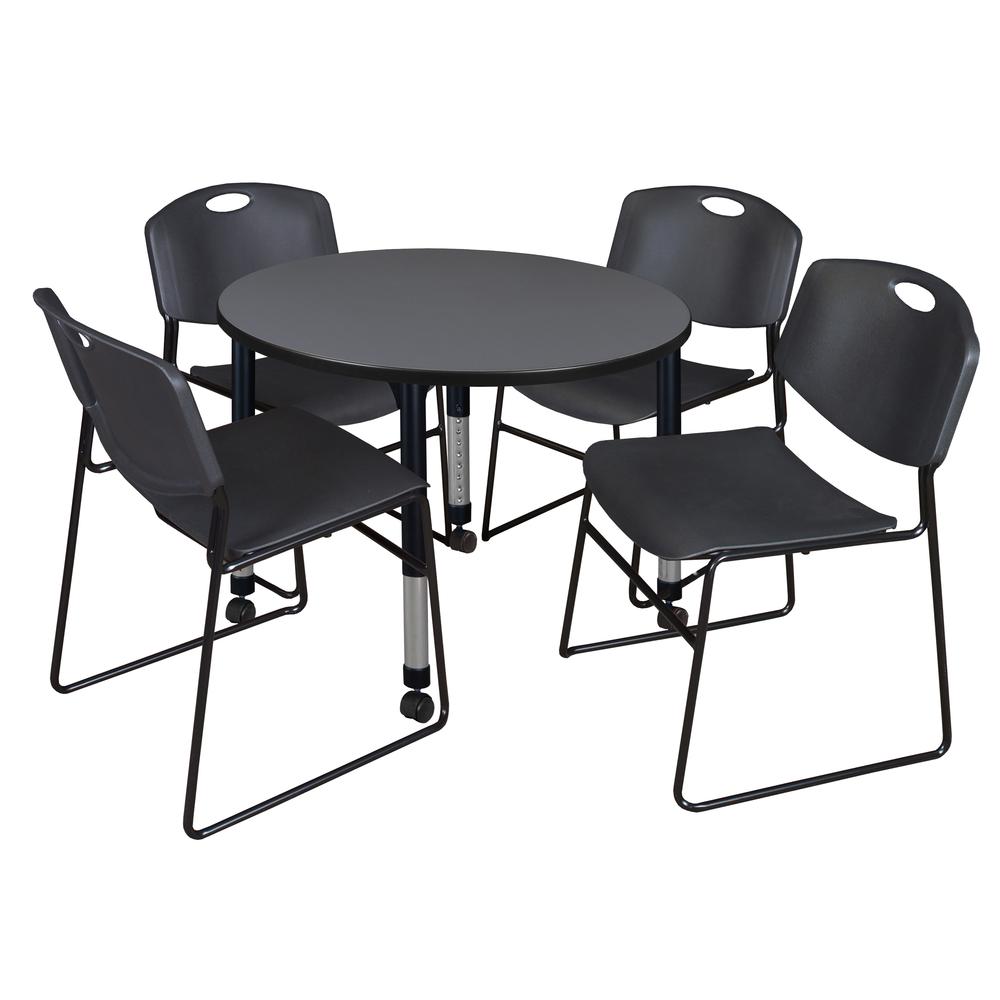 Kee 36" Round Height Adjustable Mobile Classroom Table - Grey & 4 Zeng Stack Chairs- Black. Picture 1