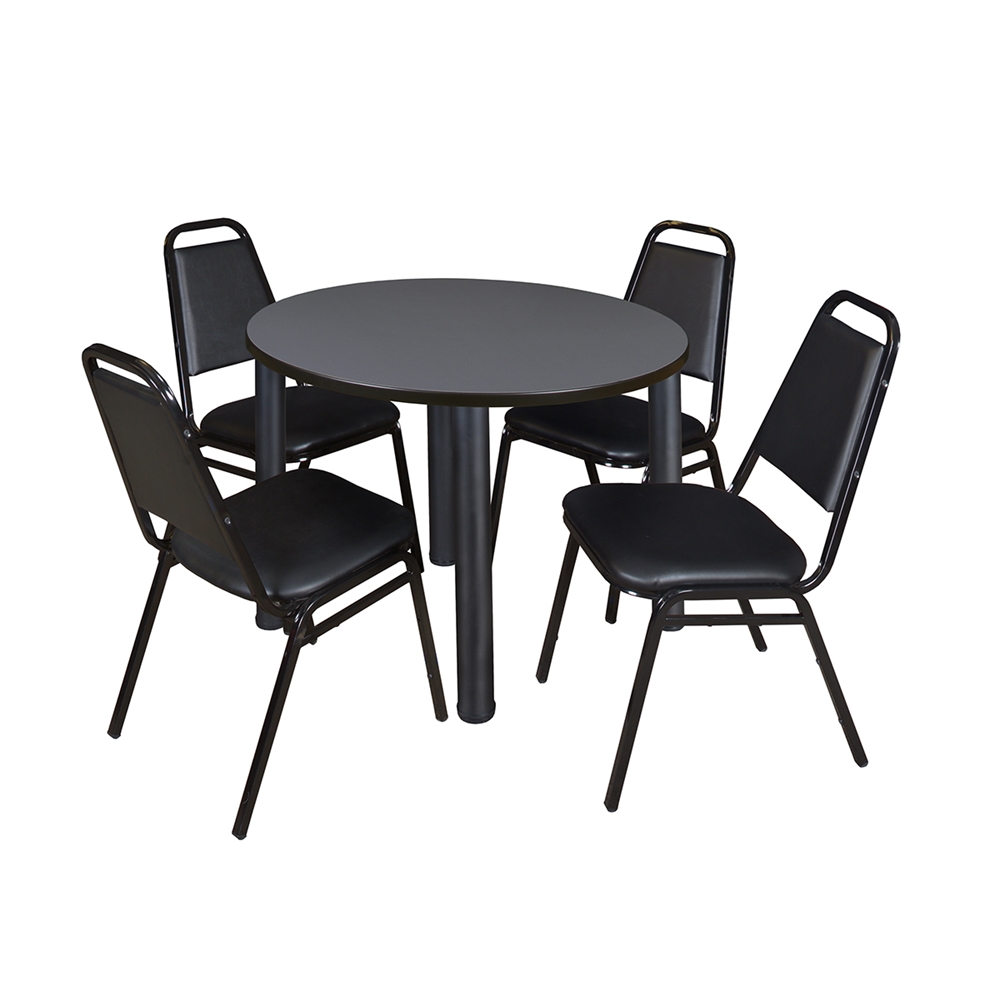 Kee 36" Round Breakroom Table- Grey/ Black & 4 Restaurant Stack Chairs- Black. Picture 1