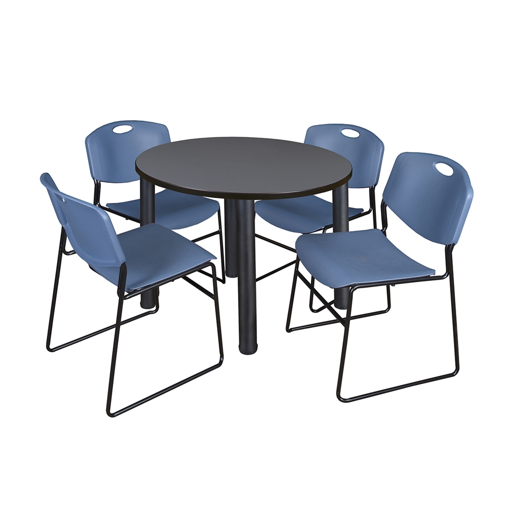Kee 36" Round Breakroom Table- Grey/ Black & 4 Zeng Stack Chairs- Blue. Picture 1
