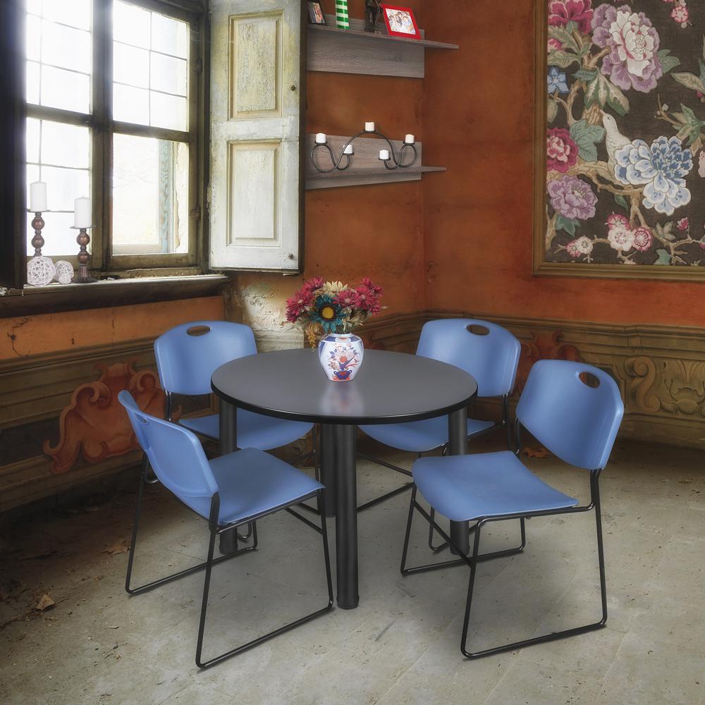Kee 36" Round Breakroom Table- Grey/ Black & 4 Zeng Stack Chairs- Blue. Picture 2